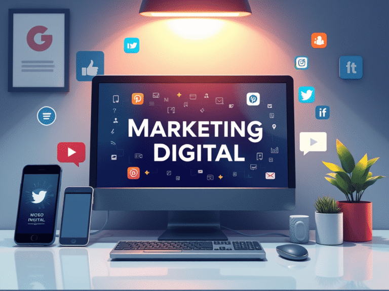 Computadora de escritorio mostrando el texto 'Marketing Digital' con íconos de redes sociales alrededor.