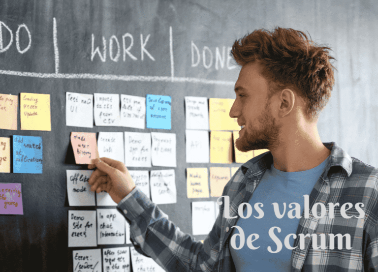 Persona señalando notas adhesivas en un tablero de trabajo relacionado con Scrum.